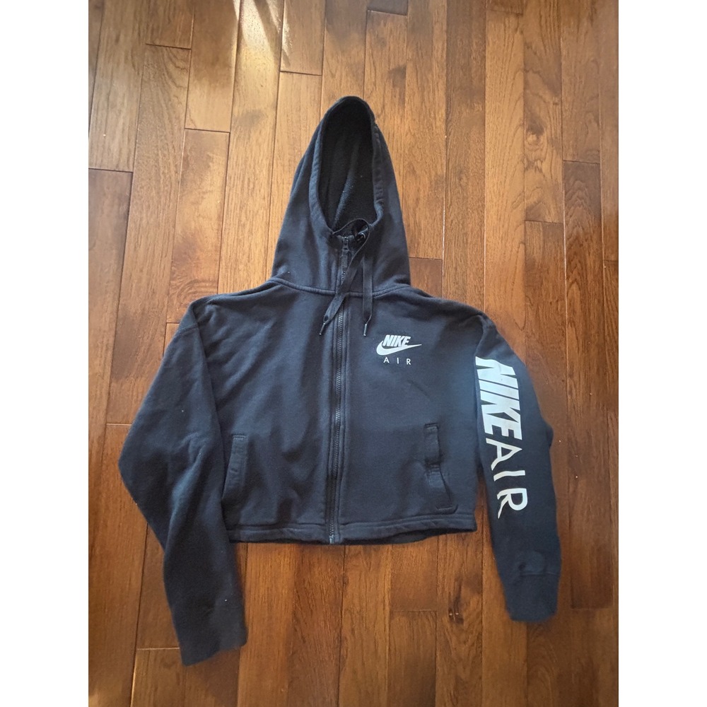 Nike Full Zip Hoodie Women Medium‎ Black Cropped Logo Fleece Hooded Sweatshirt